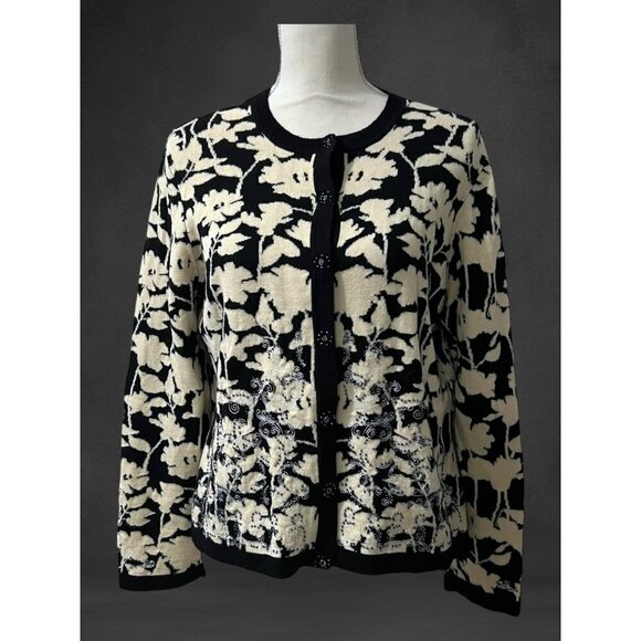 Amber‎ Sun Black & Cream Floral Knit Beaded Cardigan Sweater Size XL - Picture 1 of 8